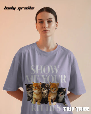 Women in Street Style 'Show Me Your Kitties' Lavender 240 GSM 100% Cotton Oversize Tee HG x Trip Tribe - Front