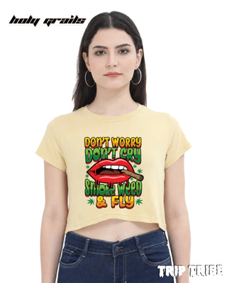 Women in Street Style 'Smoke Weed & Fly' Beige 180 GSM 100% Cotton Graphic Crop Top HG x Trip Tribe - Front