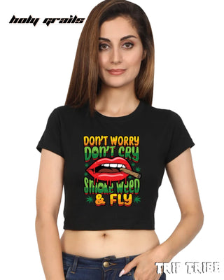 Women in Street Style 'Smoke Weed & Fly' Black 180 GSM 100% Cotton Graphic Crop Top HG x Trip Tribe - Front