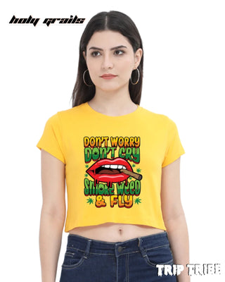 Women in Street Style 'Smoke Weed & Fly' Golden Yellow 180 GSM 100% Cotton Graphic Crop Top HG x Trip Tribe - Front