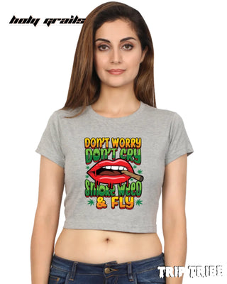 Women in Street Style 'Smoke Weed & Fly' Grey Melange 180 GSM 100% Cotton Graphic Crop Top HG x Trip Tribe - Front