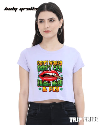 Women in Street Style 'Smoke Weed & Fly' Lavender 180 GSM 100% Cotton Graphic Crop Top HG x Trip Tribe - Front