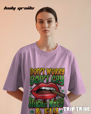 Women in Street Style 'Smoke Weed & Fly' Light Baby Pink 240 GSM 100% Cotton Oversize Tee HG x Trip Tribe - Front