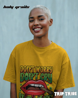 Women in Street Style 'Smoke Weed & Fly' Mustard Yellow 240 GSM 100% Cotton Oversize Tee HG x Trip Tribe - Front