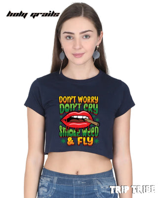 Women in Street Style 'Smoke Weed & Fly' Navy Blue 180 GSM 100% Cotton Graphic Crop Top HG x Trip Tribe - Front
