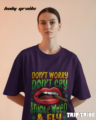 Women in Street Style 'Smoke Weed & Fly' Purple 240 GSM 100% Cotton Oversize Tee HG x Trip Tribe - Front
