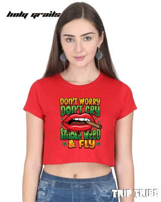 Women in Street Style 'Smoke Weed & Fly' Red 180 GSM 100% Cotton Graphic Crop Top HG x Trip Tribe - Front