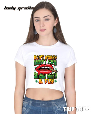 Women in Street Style 'Smoke Weed & Fly' White 180 GSM 100% Cotton Graphic Crop Top HG x Trip Tribe - Front