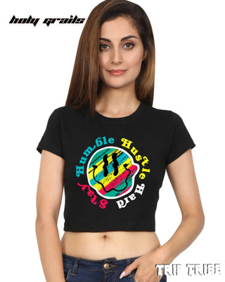 Women in Street Style 'Stay Humble Hustle Hard' Black 180 GSM 100% Cotton Graphic Crop Top HG x Trip Tribe - Front