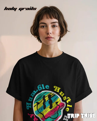 Women in Street Style 'Stay Humble Hustle Hard' Black 240 GSM 100% Cotton Oversize Tee HG x Trip Tribe - Front