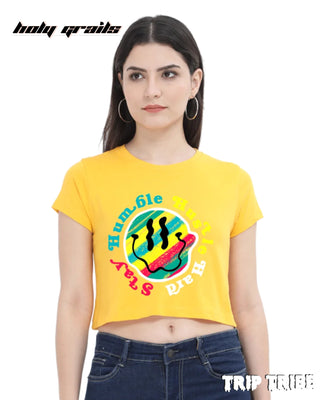 Women in Street Style 'Stay Humble Hustle Hard' Golden Yellow 180 GSM 100% Cotton Graphic Crop Top HG x Trip Tribe - Front