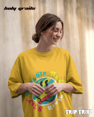 Women in Street Style 'Stay Humble Hustle Hard' Golden Yellow 240 GSM 100% Cotton Oversize Tee HG x Trip Tribe - Front