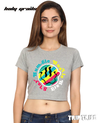 Women in Street Style 'Stay Humble Hustle Hard' Grey Melange 180 GSM 100% Cotton Graphic Crop Top HG x Trip Tribe - Front