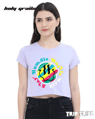Women in Street Style 'Stay Humble Hustle Hard' Lavender 180 GSM 100% Cotton Graphic Crop Top HG x Trip Tribe - Front
