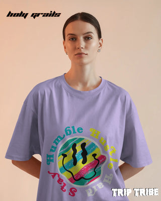 Women in Street Style 'Stay Humble Hustle Hard' Lavender 240 GSM 100% Cotton Oversize Tee HG x Trip Tribe - Front