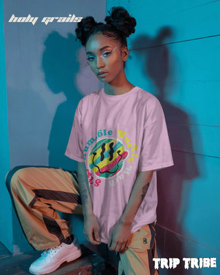 Women in Street Style 'Stay Humble Hustle Hard' Little Baby Pink 240 GSM 100% Cotton Oversize Tee HG x Trip Tribe - Front