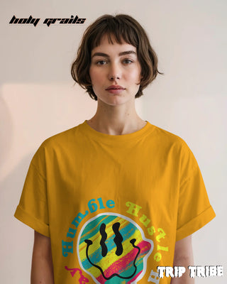 Women in Street Style 'Stay Humble Hustle Hard' Mustard Yellow 240 GSM 100% Cotton Oversize Tee HG x Trip Tribe - Front