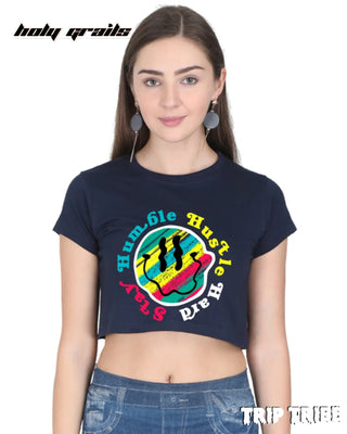 Women in Street Style 'Stay Humble Hustle Hard' Navy Blue 180 GSM 100% Cotton Graphic Crop Top HG x Trip Tribe - Front