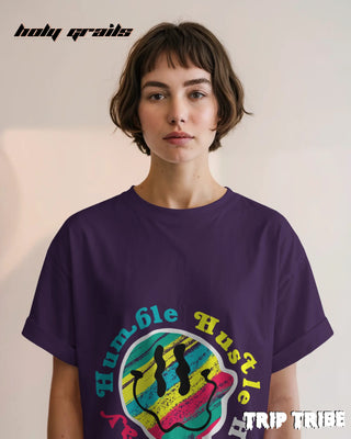 Women in Street Style 'Stay Humble Hustle Hard' Purple 240 GSM 100% Cotton Oversize Tee HG x Trip Tribe - Front