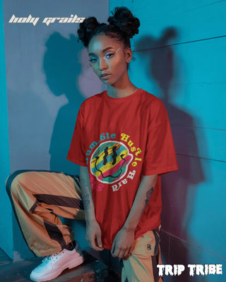 Women in Street Style 'Stay Humble Hustle Hard' Red 240 GSM 100% Cotton Oversize Tee HG x Trip Tribe - Front