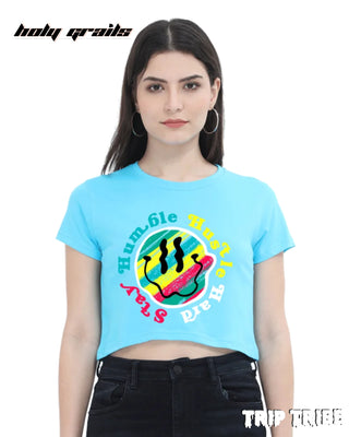Women in Street Style 'Stay Humble Hustle Hard' Sky Blue 180 GSM 100% Cotton Graphic Crop Top HG x Trip Tribe - Front