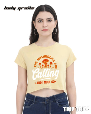 Women in Street Style 'The Mushrooms Are Calling' Beige 180 GSM 100% Cotton Graphic Crop Top HG x Trip Tribe - Front