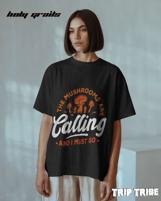 Women in Street Style 'The Mushrooms Are Calling' Black 240 GSM 100% Cotton Oversize Tee HG x Trip Tribe - Front