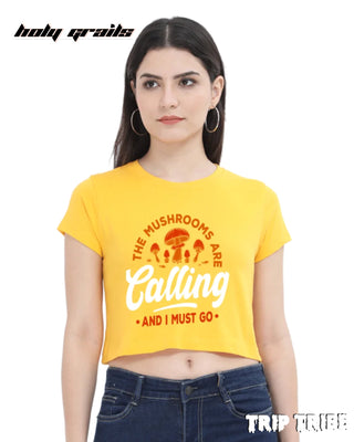 Women in Street Style 'The Mushrooms Are Calling' Golden Yellow 180 GSM 100% Cotton Graphic Crop Top HG x Trip Tribe - Front