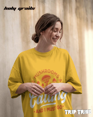 Women in Street Style 'The Mushrooms Are Calling' Golden Yellow 240 GSM 100% Cotton Oversize Tee HG x Trip Tribe - Front