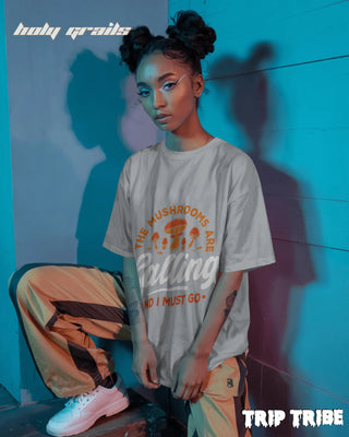 Women in Street Style 'The Mushrooms Are Calling' Grey Melange 240 GSM 100% Cotton Oversize Tee HG x Trip Tribe - Front