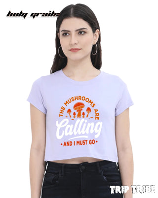Women in Street Style 'The Mushrooms Are Calling' Lavender 180 GSM 100% Cotton Graphic Crop Top HG x Trip Tribe - Front