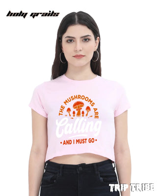 Women in Street Style 'The Mushrooms Are Calling' Light Baby Pink 180 GSM 100% Cotton Graphic Crop Top HG x Trip Tribe - Front