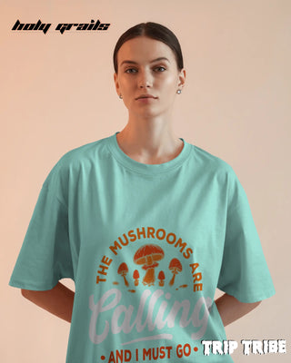 Women in Street Style 'The Mushrooms Are Calling' Mint Green 240 GSM 100% Cotton Oversize Tee HG x Trip Tribe - Front
