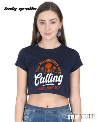 Women in Street Style 'The Mushrooms Are Calling' Navy Blue 180 GSM 100% Cotton Graphic Crop Top HG x Trip Tribe - Front