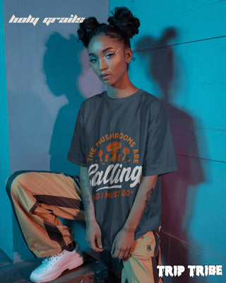 Women in Street Style 'The Mushrooms Are Calling' Petrol Blue 240 GSM 100% Cotton Oversize Tee HG x Trip Tribe - Front