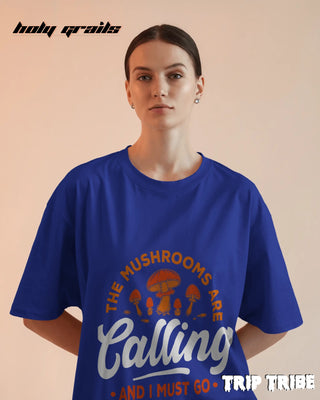 Women in Street Style 'The Mushrooms Are Calling' Royal Blue 240 GSM 100% Cotton Oversize Tee HG x Trip Tribe - Front