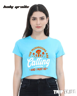 Women in Street Style 'The Mushrooms Are Calling' Sky Blue 180 GSM 100% Cotton Graphic Crop Top HG x Trip Tribe - Front