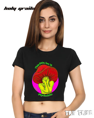 Women in Street Style 'Trippy Mushroom' Black 180 GSM 100% Cotton Graphic Crop Top HG x Trip Tribe - Front