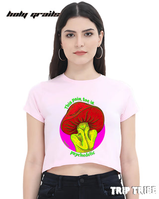 Women in Street Style 'Trippy Mushroom' Light Baby Pink 180 GSM 100% Cotton Graphic Crop Top HG x Trip Tribe - Front