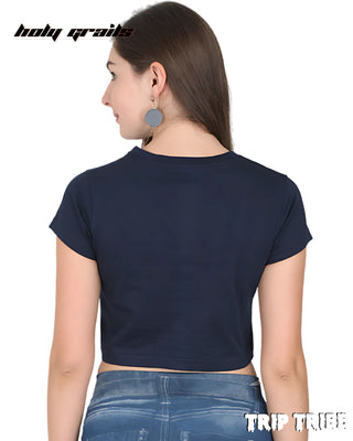 Women in Street Style 'Trippy Mushroom' Navy Blue 180 GSM 100% Cotton Graphic Crop Top HG x Trip Tribe - Back