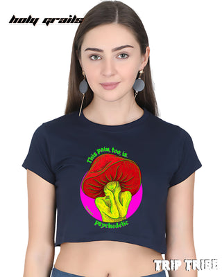 Women in Street Style 'Trippy Mushroom' Navy Blue 180 GSM 100% Cotton Graphic Crop Top HG x Trip Tribe - Front