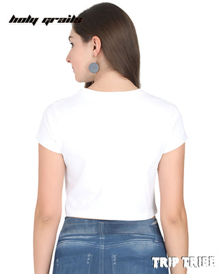 Women in Street Style 'Trippy Mushroom' White 180 GSM 100% Cotton Graphic Crop Top HG x Trip Tribe - Back