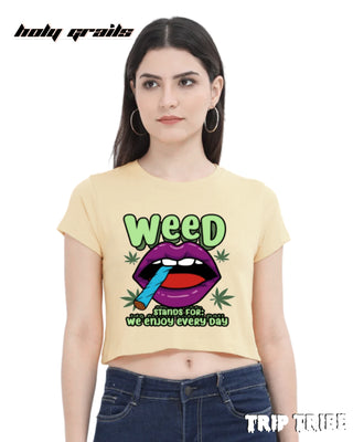 Women in Street Style 'Weed' Beige 180 GSM 100% Cotton Graphic Crop Top HG x Trip Tribe - Front