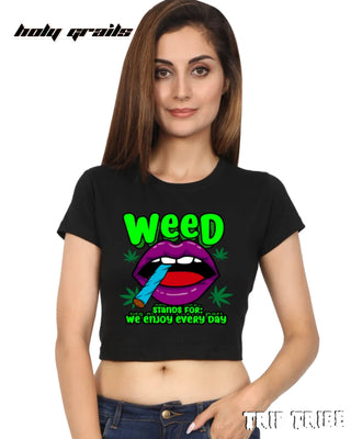 Women in Street Style 'Weed' Black 180 GSM 100% Cotton Graphic Crop Top HG x Trip Tribe - Front