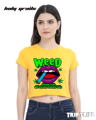 Women in Street Style 'Weed' Golden Yellow 180 GSM 100% Cotton Graphic Crop Top HG x Trip Tribe - Front