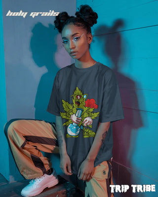 Women in Street Style 'ZaZa High' Petrol Blue 240 GSM 100% Cotton Oversize Tee HG x Trip Tribe - Front