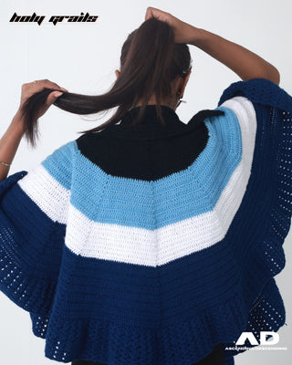 Women in Streetwear Style 'Evil Eye' Blue hand knitted Nestnhaven wool Poncho Jacket HG x Ascending Descending - Back Close