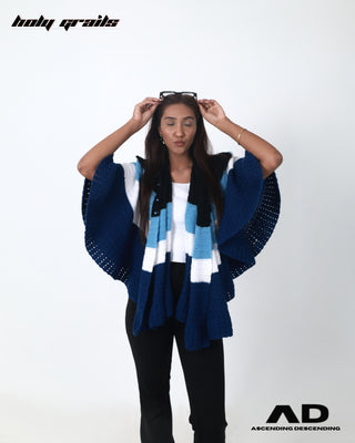 Women in Streetwear Style 'Evil Eye' Blue hand knitted Nestnhaven wool Poncho Jacket HG x Ascending Descending - Front