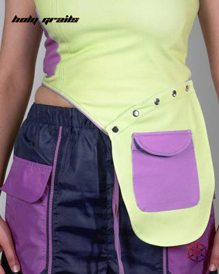 Women in Streetwear Style 'Lime Light' Green 360 GSM Ponte Roma Knit Tank Top HG x Duskin - Front Pocket Close Up