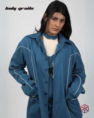 Women in Streetwear Style 'Sapphire Cream Piped' Blue 100% Cotton Twill 250 GSM Overize Shacket HG x Duskin - Front